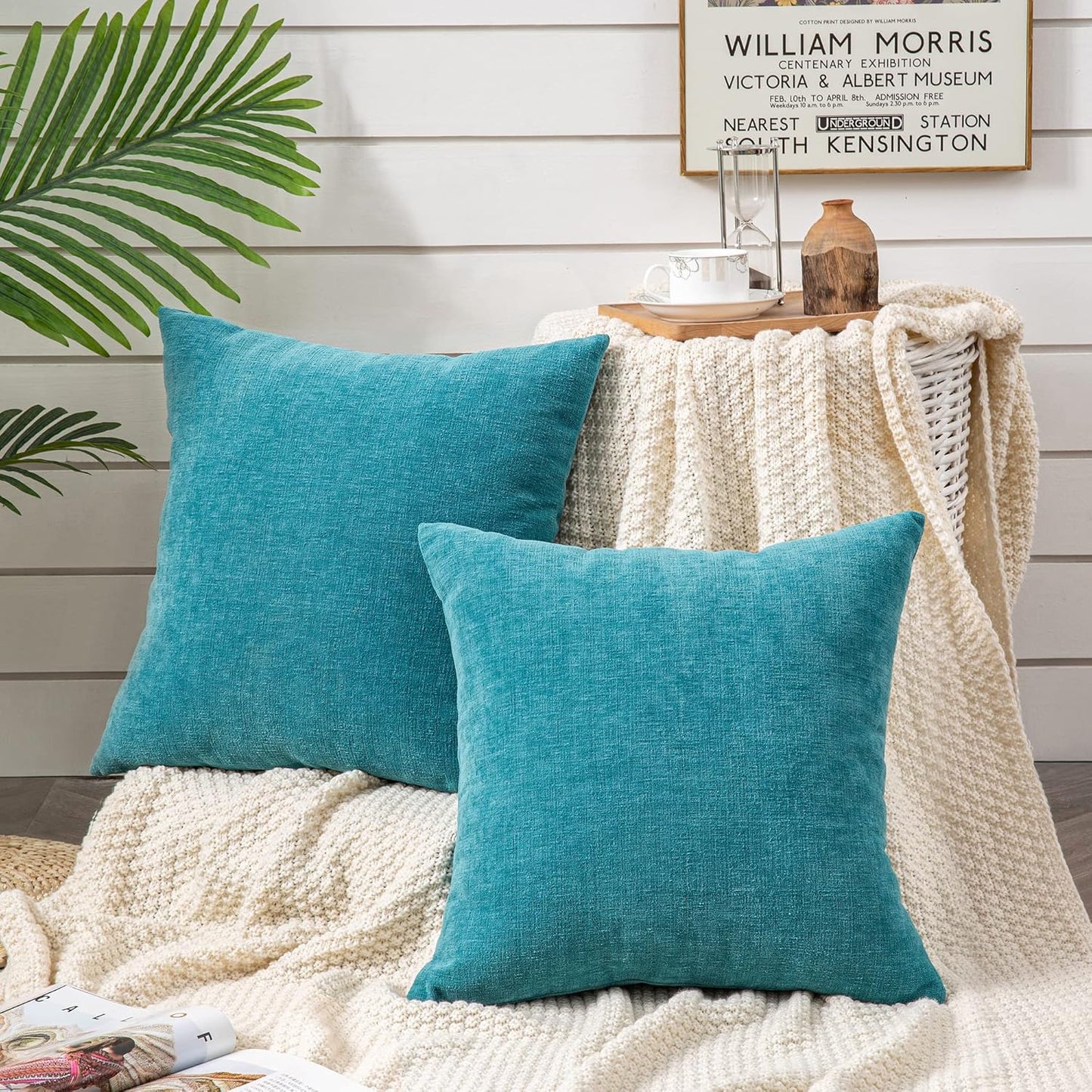GAWAMAY Decorative Square Throw Pillow Covers 22"x22" Inch Set of 2, Super Soft Chenille Pillows Farmhouse Fall Pillowcase for Living Room Bedroom Sofa Couch Cushion Cover Teal 55x55cm (No Insert)