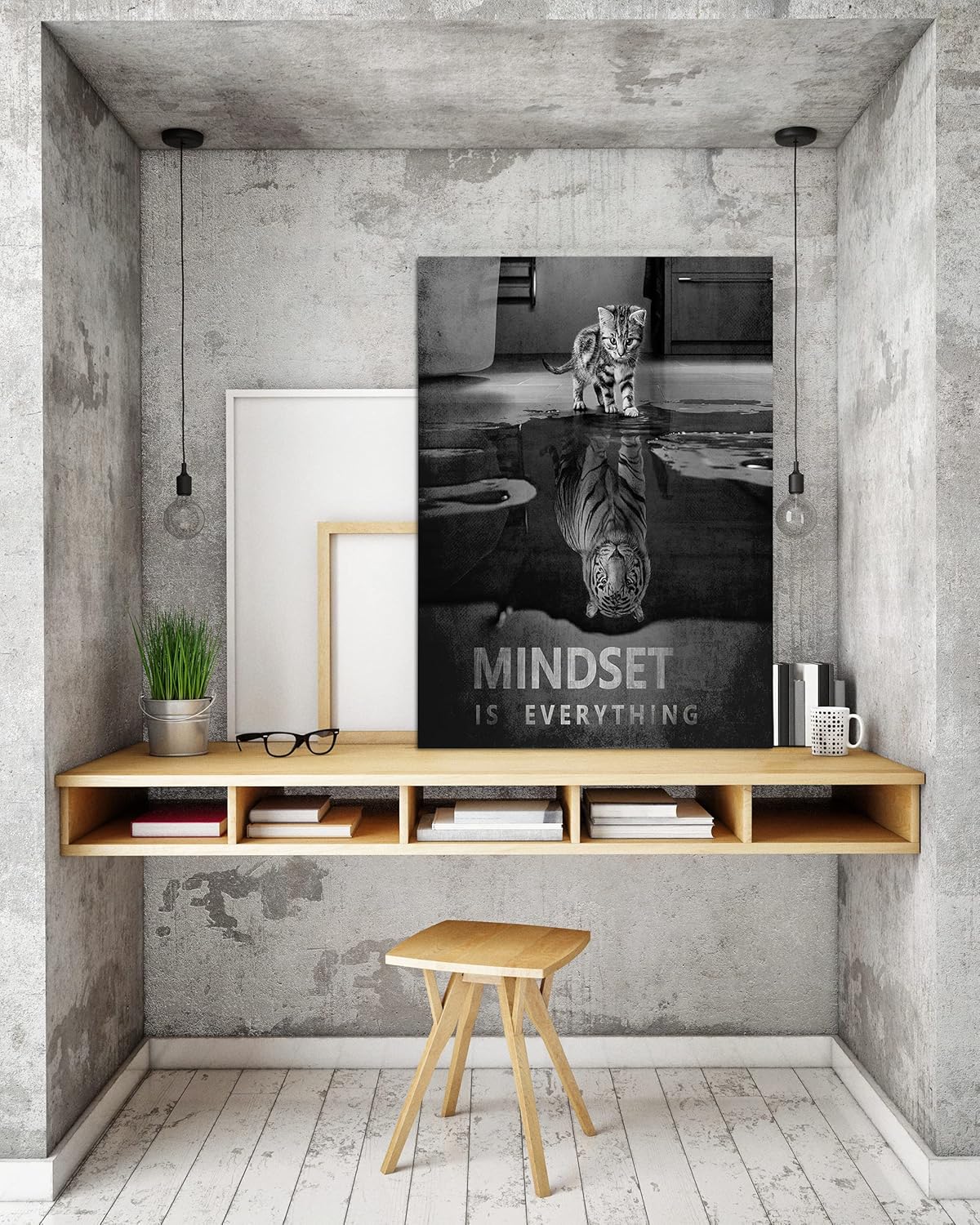 Inspirational Wall Art Pictures Big Tiger and Small Cat Canvas Painting Mindset is Everything Motivational Print and Poster Artwork Home Decor for Bar Study Room Office Framed Easy to Hang-24¡±Wx36¡±H
