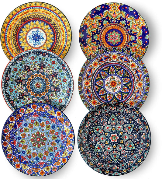 glowworm Dinner Plates, 10.5 Inch Ceramic Plates Set of 6 for Steak, Snacks, Pizza, Cake, Colorful Serving Dishes for Kitchen, Housewarming Gift, Microwave, Oven & Dishwasher Safe, Bohemian