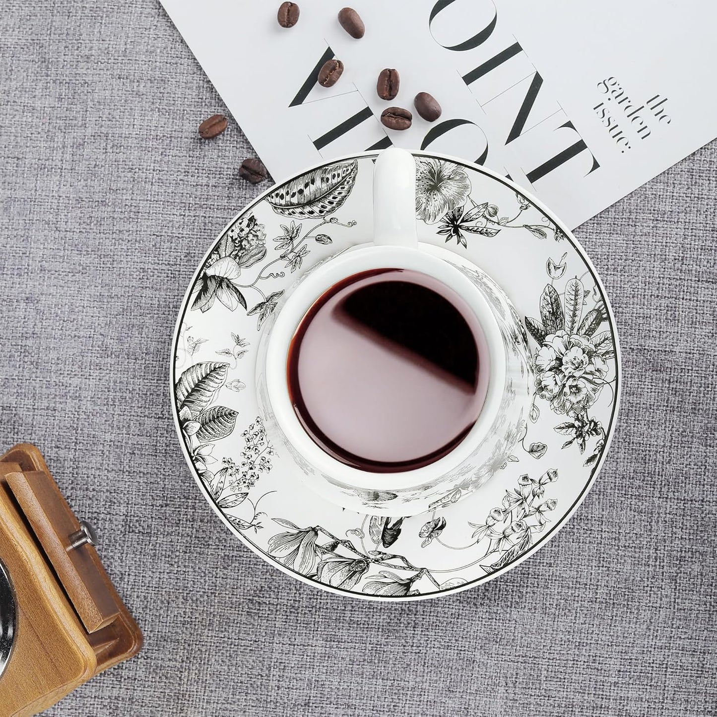 fanquare Ceramic Coffee Mug with Saucer Black Vintage Floral Tea Cup with Thick Handle Porcelain Modern Tea Cups for Office Party Breakfast, 8.5oz