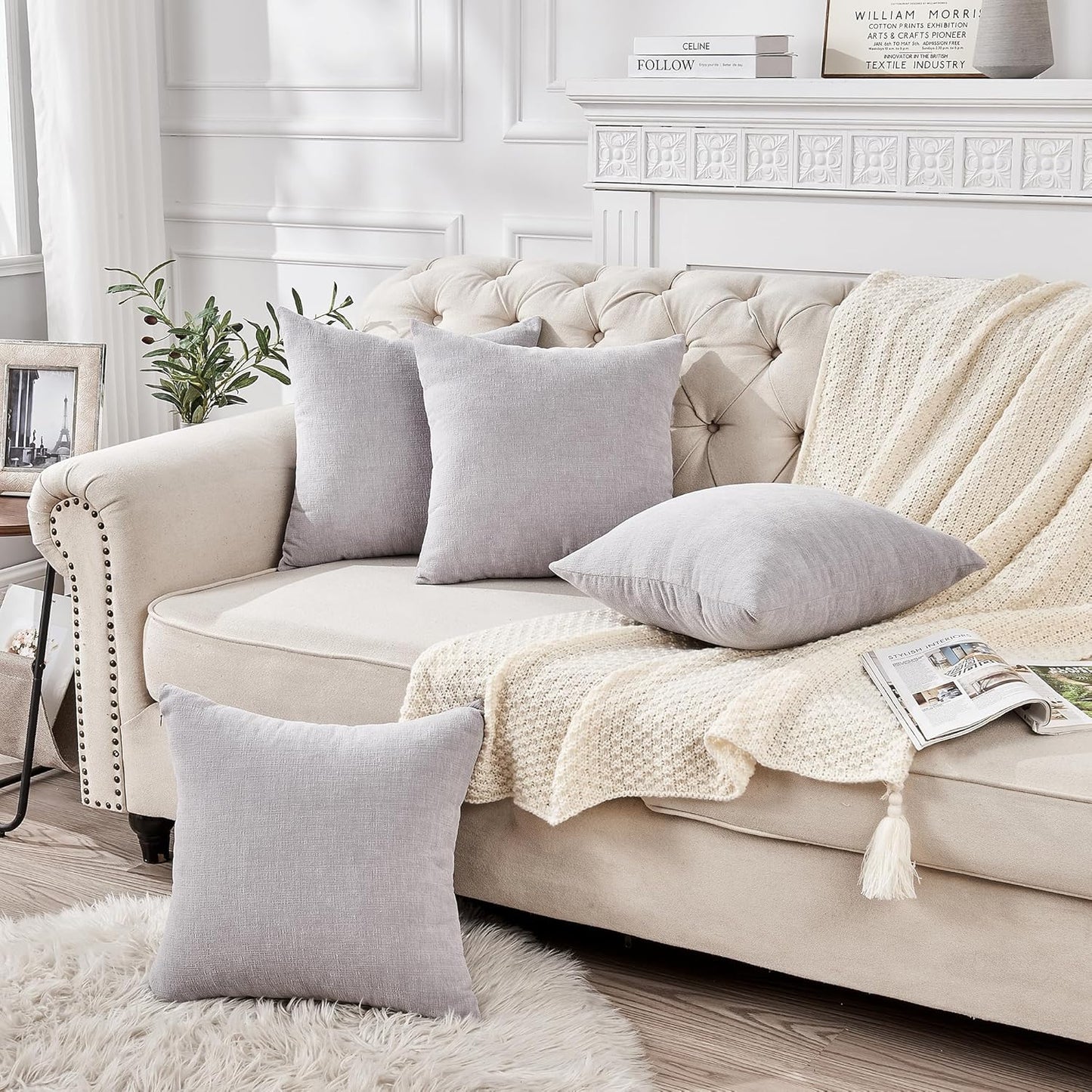 GAWAMAY Decorative Square Throw Pillow Covers 18"x18" Inch Set of 4, Super Soft Chenille Pillows Farmhouse Fall Pillowcase for Living Room Bedroom Sofa Couch Cushion Cover Light Grey 45x45cm