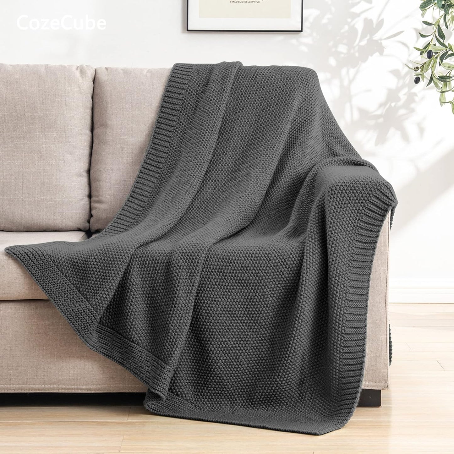 CozeCube Dark Grey Throw Blanket for Couch, Soft Cozy Cable Knit Throw for Bed Sofa Living Room, Lightweight Warm Decorative Farmhouse Christmas Blanket, 50"x60", Charcoal Grey