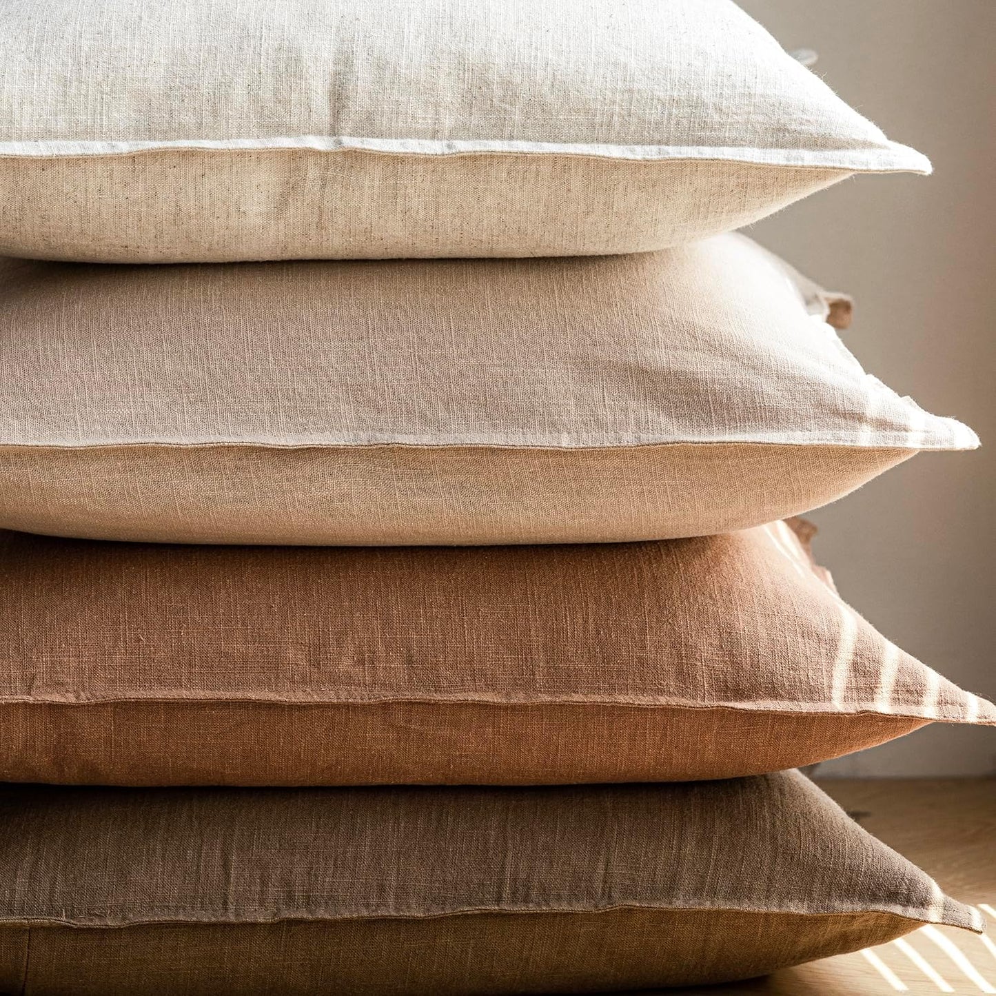 Foindtower Pack of 2, Decorative Linen Soild Throw Pillow Covers Soft Accent Cushion Case Boho Farmhouse Pillowcase for Chair Couch Sofa Bedroom Living Room Home Decor 26 x 26 Inch Light Khaki Brown