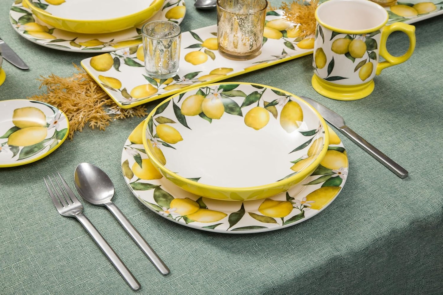 Bico Lemon Dreams Dinner Plates Set of 4, 11 Inch Large Ceramic Plates for Pasta, Steak, Stylish Serving Dishes, Microwave and Dishwasher Safe, Gift for Housewarming and Thanksgiving