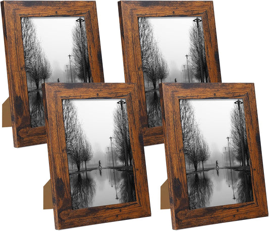 iRahmen 5x7 Picture Frame Set of 4, High Definition Glass 5 x 7 Frame, Wood Rustic Photo Frames for Horizontal or Vertical Display Tabletop and Wall Mounting, Dark Brown