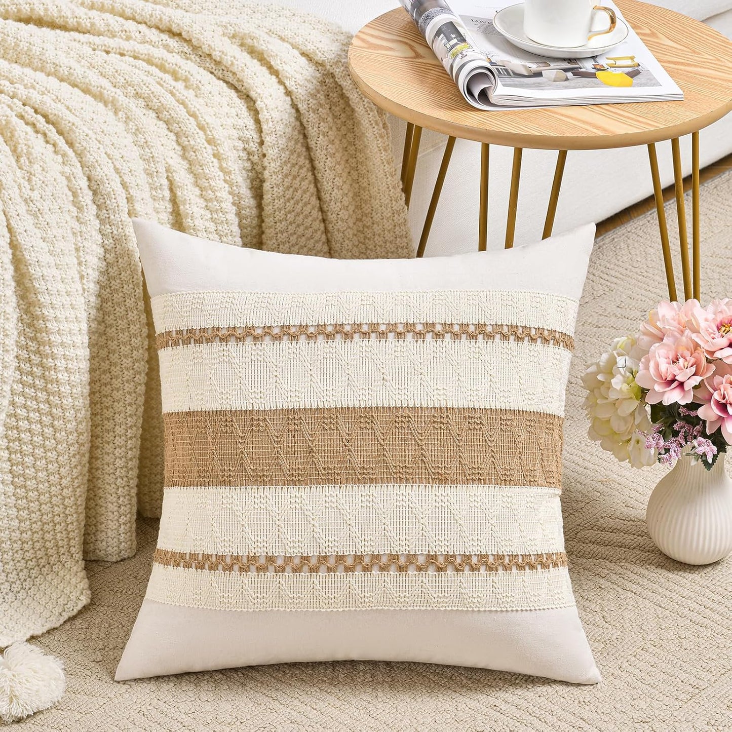 Fancy Homi Set of 1 Boho Neutral Decorative Throw Pillow Cover 22x22 Inch for Couch Bed Sofa, Aesthetic Modern Organic Farmhouse Home Decor, Soft Cotton Cute Accent Macrame Woven Tan Cushion Case