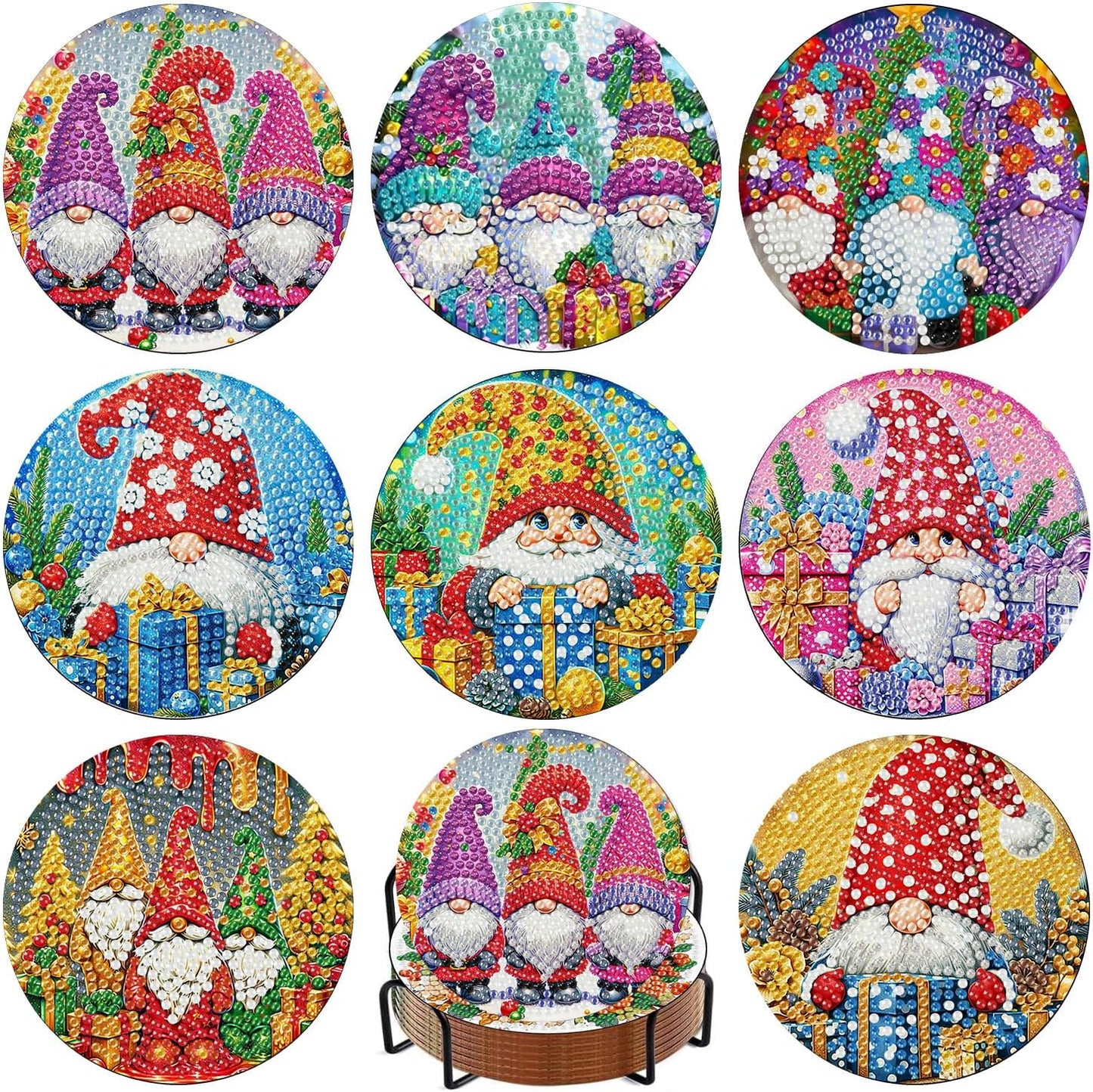 Meothan 8 Pcs Diamond Art Coasters Kits for Adults with Holder Cork Pads, Christmas Diamond Dots Art Painting Coasters Crafts Kit for Home Office Decor (Gnomes Theme)