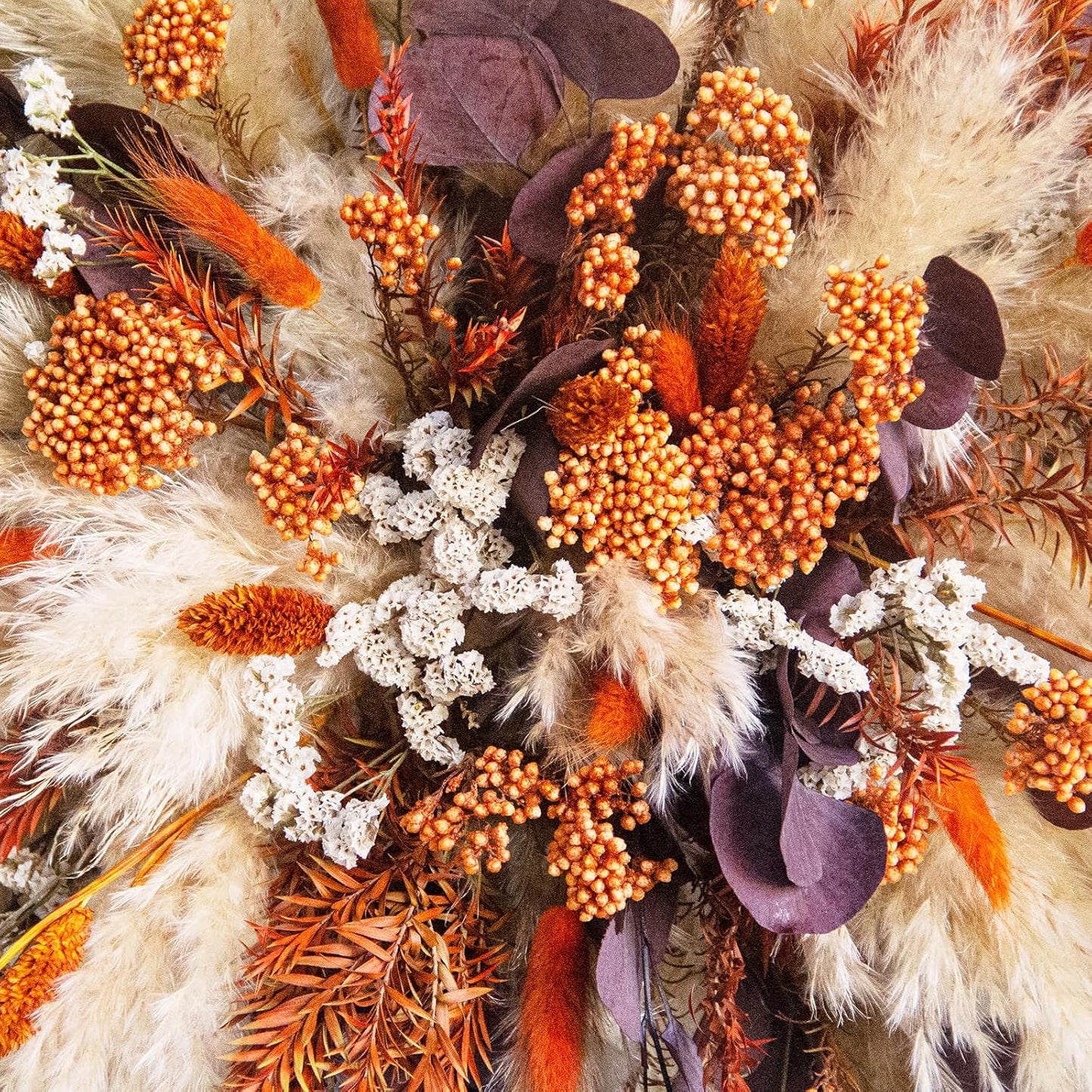 Fall Pampas Grass Wall Decor, Boho Floral Arch Swag with Orange Accents and Purple Eucalyptus, Thanksgiving Wedding Backdrop Arrangement