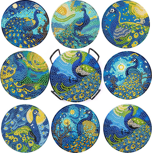 DOTSOPS 8 Pcs Animal Diamond Art Kits for Adults Diamond Art Coasters with Holder BeginnersCraft for Christmas Birthday(Peacock)
