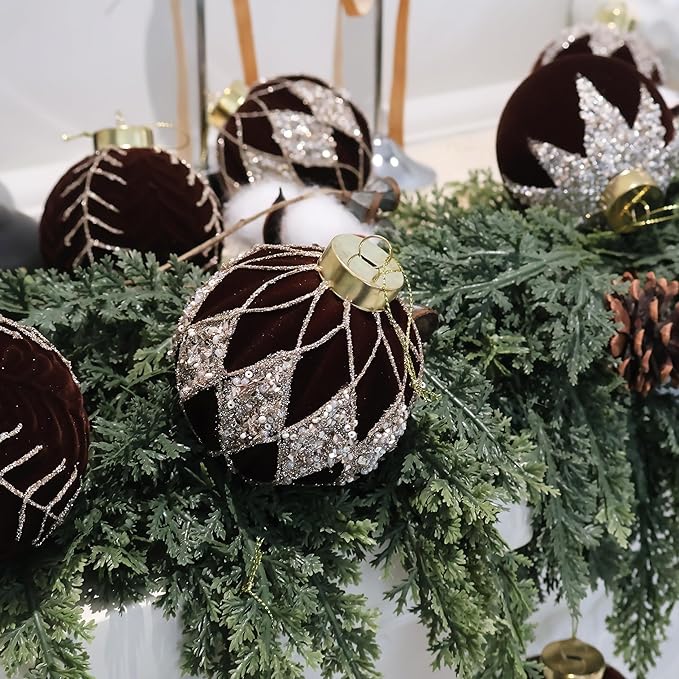4inch Velvet Ornaments for Christmas Tree, 9PCS Glitter Flocked Christmas Ornaments Decorations Balls Set Decor Brown