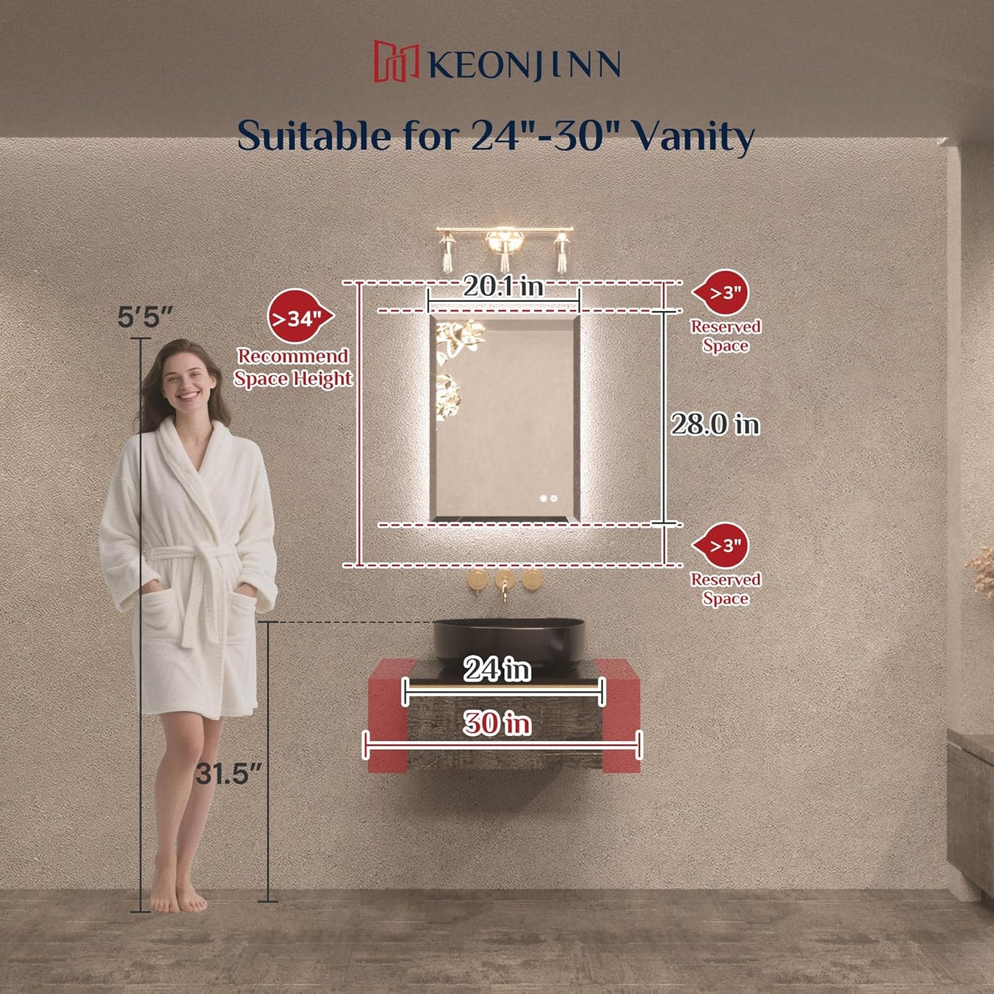 Keonjinn 20 x 28 Inch Backlit Mirror Bathroom, Frameless LED Mirror for Bathroom, Beveled Edge, HD Tempered Glass, UL-Listed LED Driver, Anti-Fog, Dimmable, Memory Function, French Cleat Installation