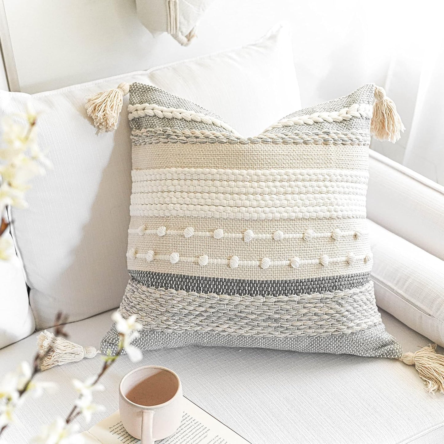 BlissBlush Gray Boho Throw Pillow Cover 18x18 Grey Decorative Accent Pillow for Couch Square Woven Textured Pillowcase Modern Farmhouse Pillow for Bed Bohemian Pillow Cover (Pack of 1)