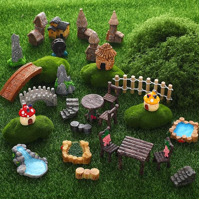 32 Pcs Fairy Garden Accessories - Miniature Garden Kit Landscape Decorations Table and Chairs Set Fairy Garden Furniture Ornaments Bridge House Moss for Terrarium Potted Plants, Dollhouse & Outdoor