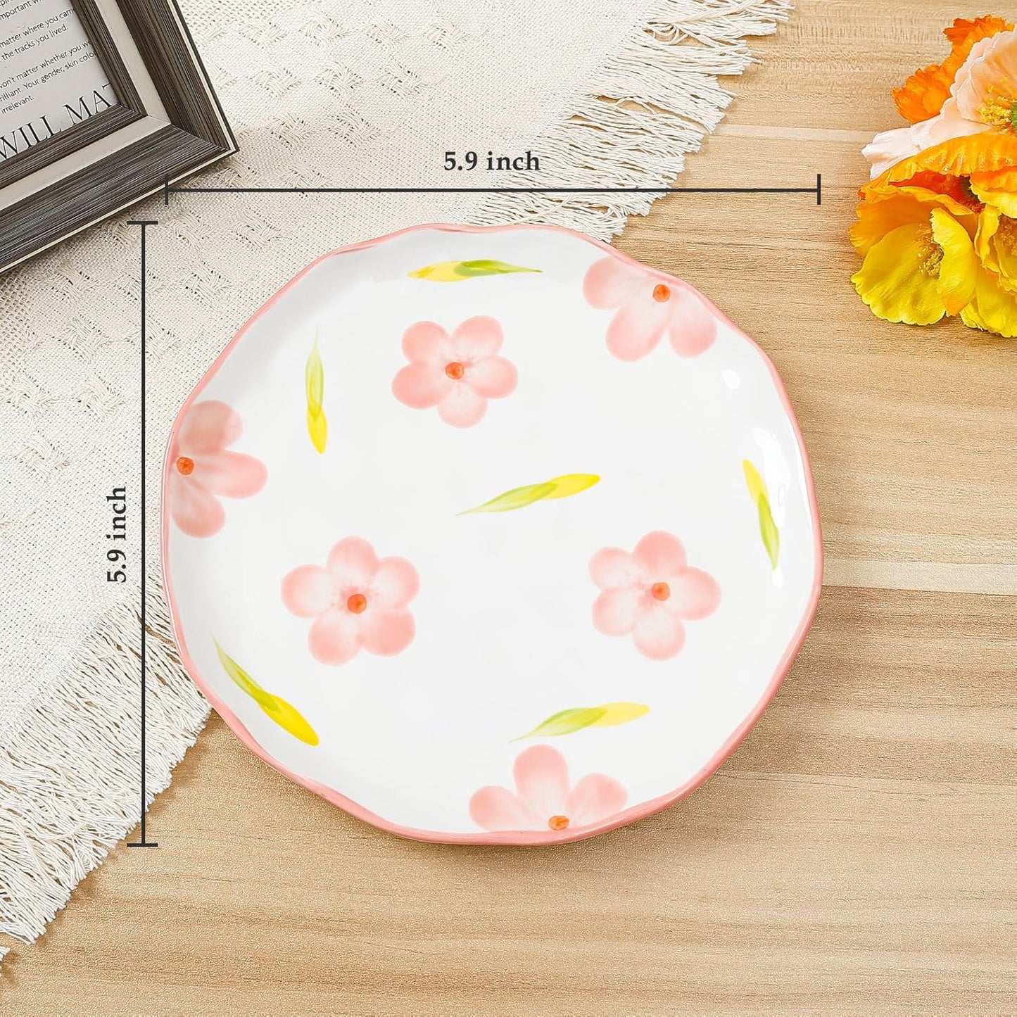 Koythin Ceramic Dessert Plates, Cute Fruits Dinner Plate, Creative Plates Design, Printed Flowers Dinnerware for Office and Home, Kitchen Plates for Desserts (Pink Large Petals)