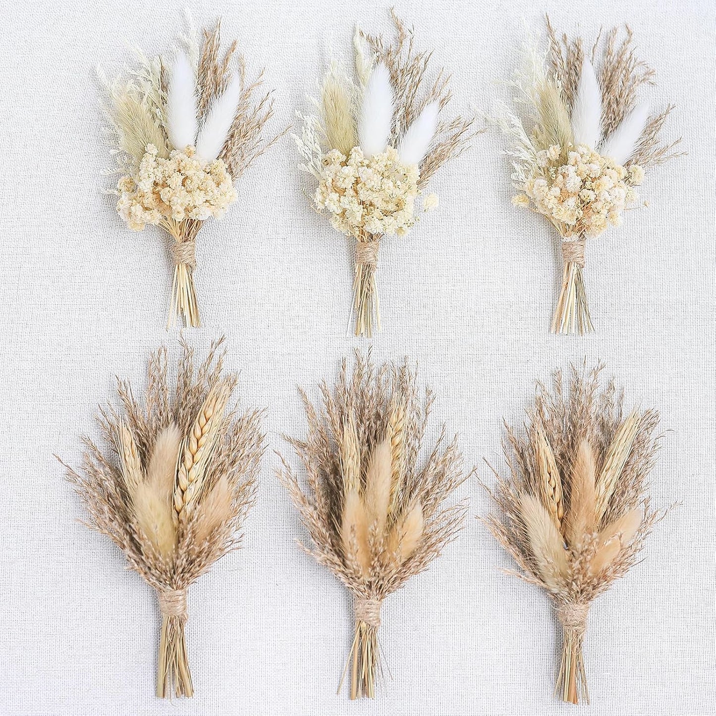 Mini Dried Flower Bouquet (Pack of 6), Dried Flower Bouquet for Boho Wedding Plate Decorations, Dried Pampas Grass, Groom and Best Man Boutonnieres, Dried Cake Flowers.(Grey)