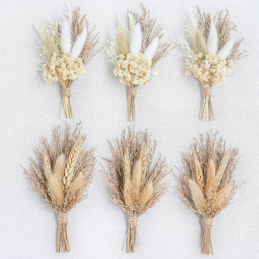 Mini Dried Flower Bouquet (Pack of 6), Dried Flower Bouquet for Boho Wedding Plate Decorations, Dried Pampas Grass, Groom and Best Man Boutonnieres, Dried Cake Flowers.(Grey)