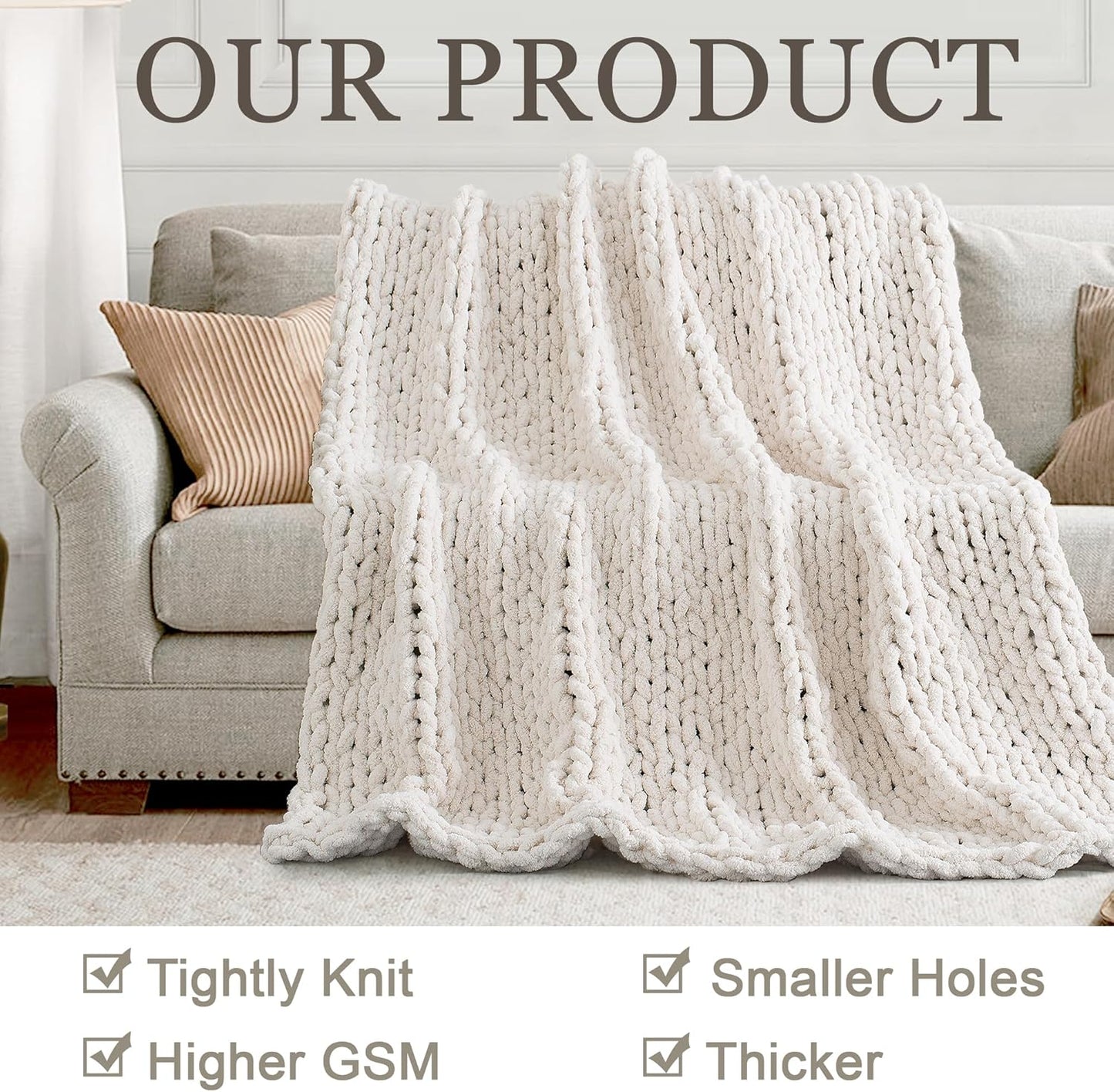 Chunky Knit Throw Blanket 60"X 80", 100% Handmade with Soft Chenille Yarn, 6.7lbs Thick Cable Knitted Blankets, Large Rope Knot Crochet Throws for Couch Sofa Bed Home Decor, Cream White
