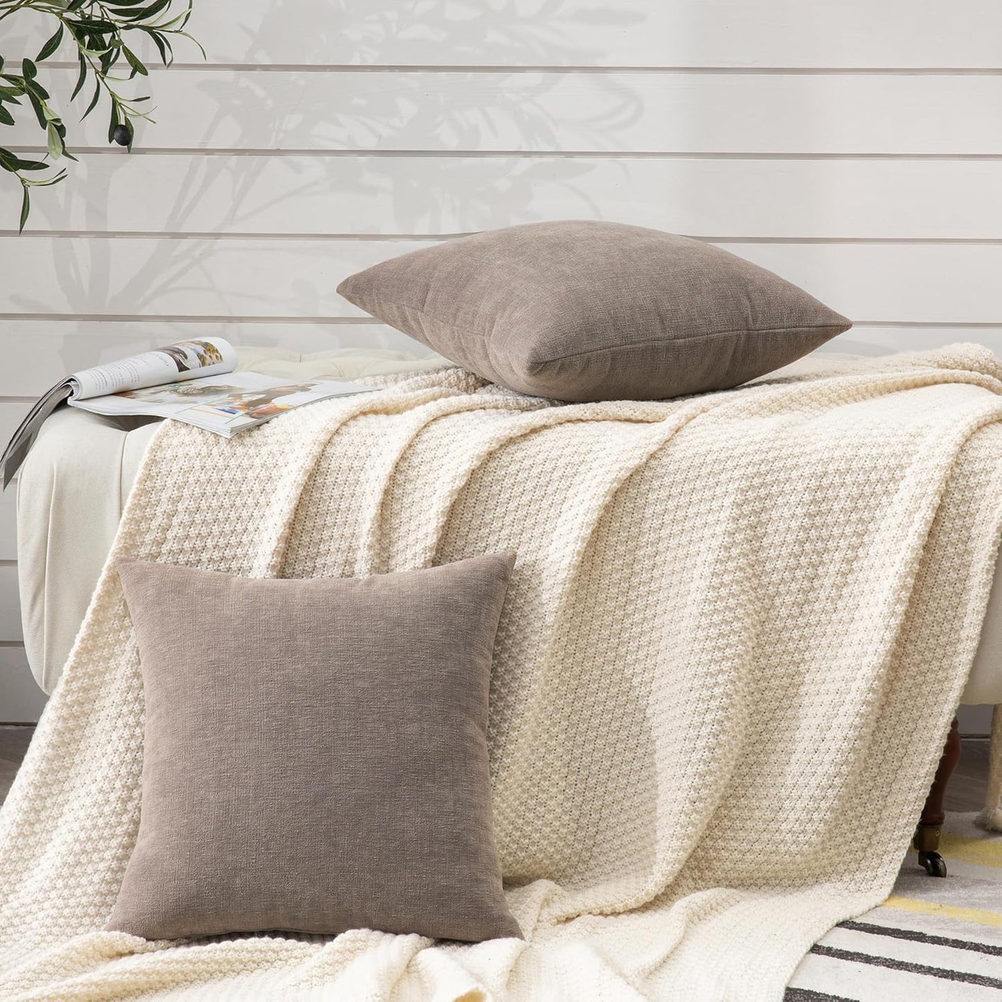 GAWAMAY Decorative Chenille Throw Pillow Covers 26x26 Inch Pack of 2, Soft Square Couch Pillow Cover for Sofa Cushion Living Room Bedroom Oversized Pillowcases Taupe Grey 66x66cm (ONLY Covers)