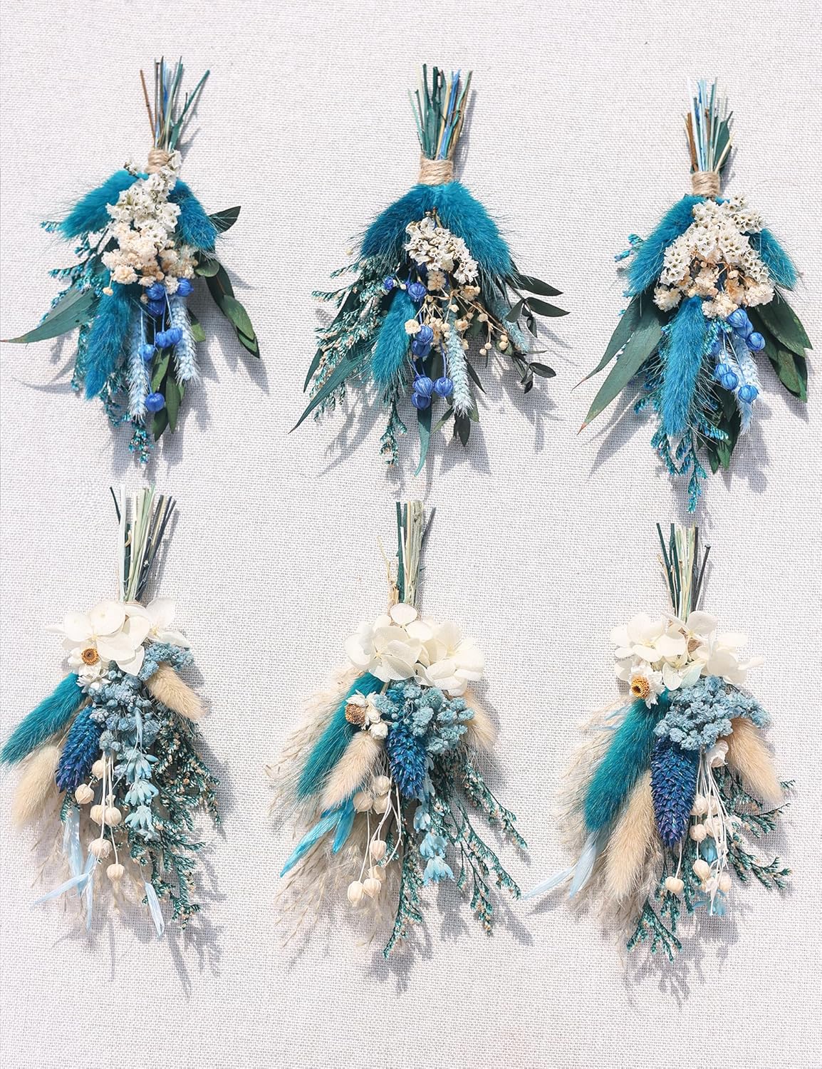 Mini Dried Flower Bouquets (Pack of 6), Blue DriedFlower Bouquets, Groomsmen and Groomsmen Boutonnieres, Dried Cake Flowers, Wall Decorations, Dried Card Flowers. (Grey Blue)