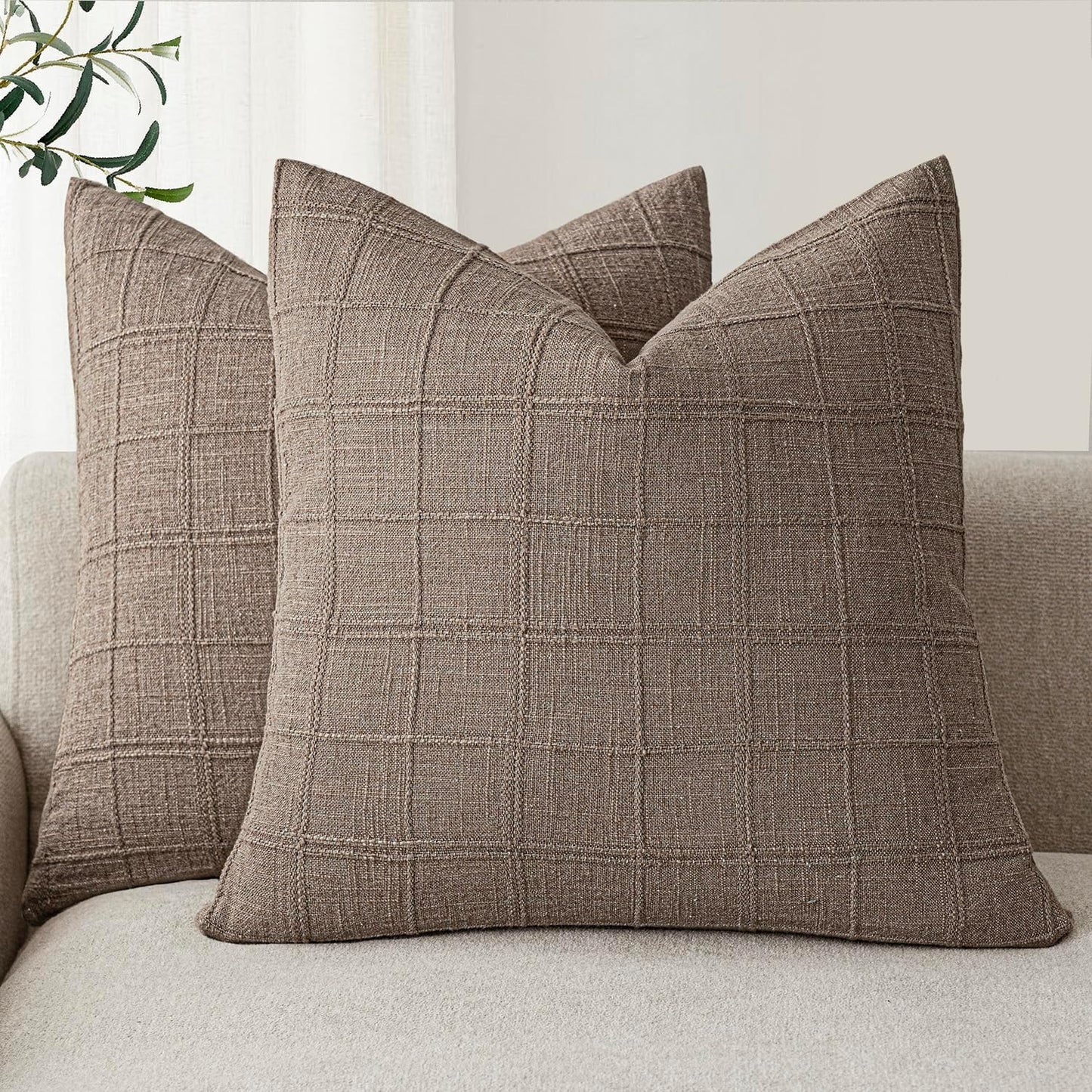 Foindtower Set of 2 Decorative Linen Check Throw Pillow Covers Neutral Farmhouse Vintage Cushion Covers Modern Boho Home Decor for Sofa Chair Couch Bedroom Living Room,18×18 Inch,Tan Taupe