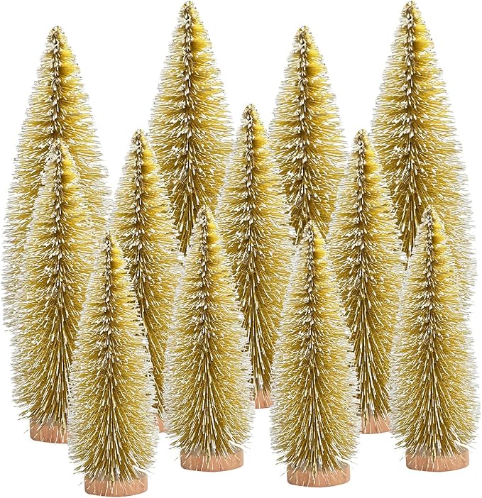 12 Pcs Mini Christmas Tree, Tabletop Christmas Tree with Wooden Bases Artificial Mini Tree with 3 Sizes Christmas Table Decor Bottle Brush Trees for Christmas Decorations (Yellow)