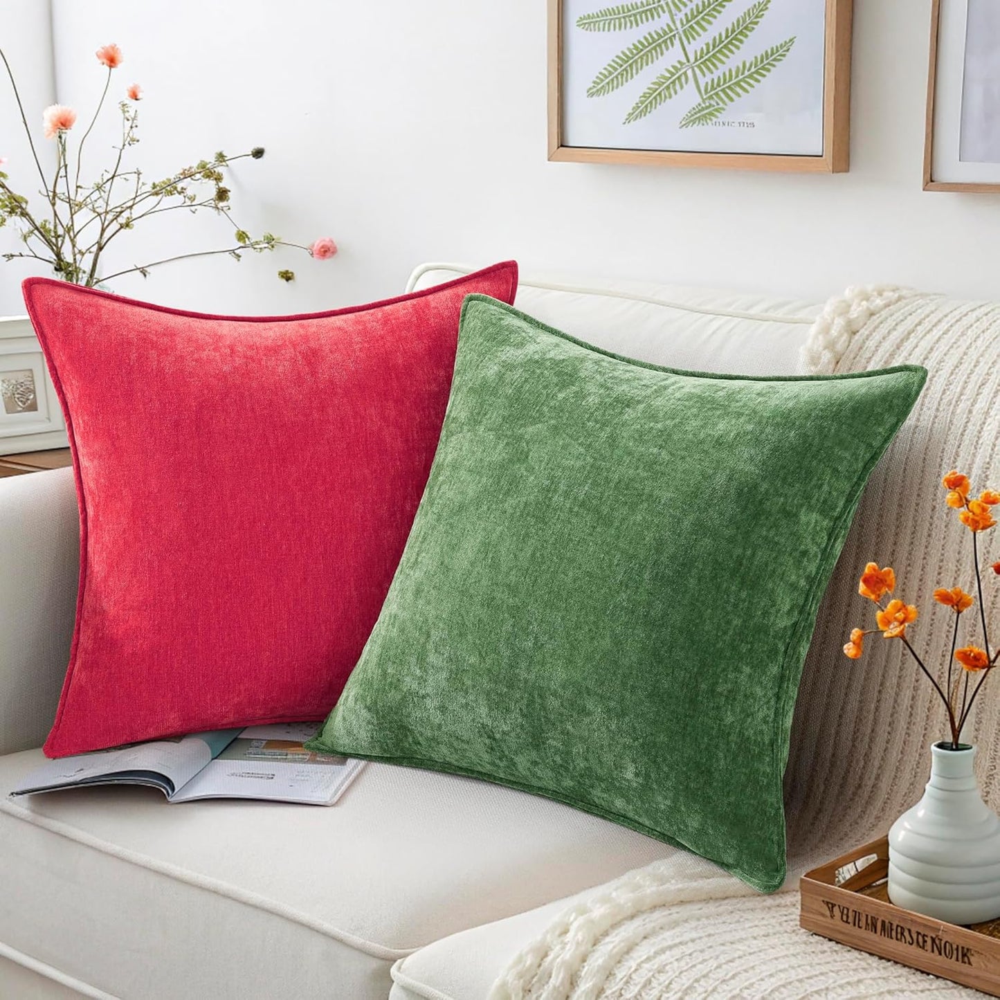 decorUhome Christmas Couch Throw Pillow Covers 18x18 Set of 2, Decorative Soft Euro Neutral Chenille Pillow Covers with Elegant Design for Sofa Bed Living Room Home Decor, Red