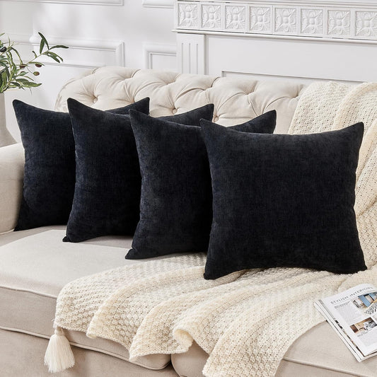 GAWAMAY Decorative Square Throw Pillow Covers 18"x18" Inch Set of 4, Super Soft Chenille Pillows Farmhouse Fall Pillowcase for Living Room Bedroom Sofa Couch Cushion Cover Black 45x45cm (No Insert)