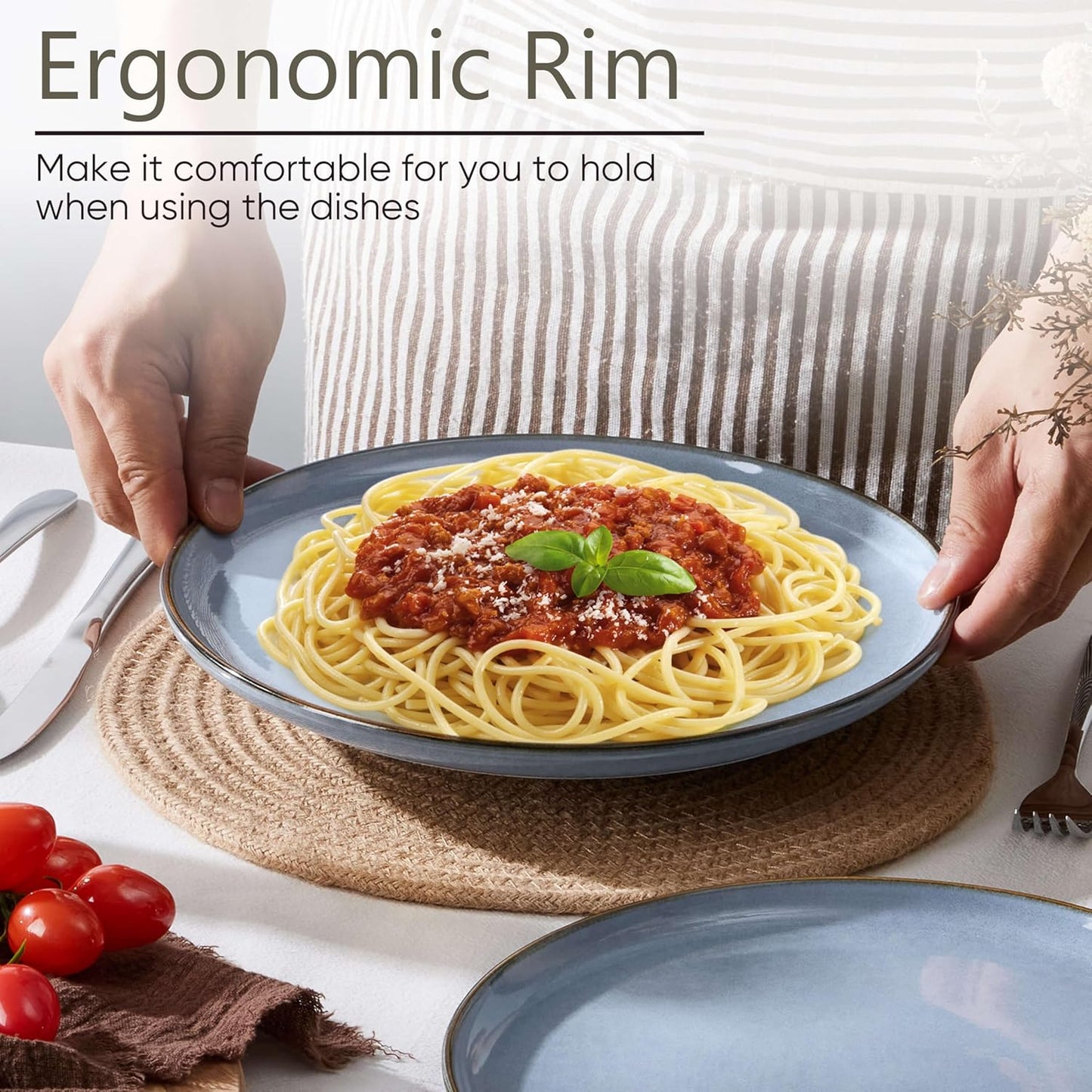 Herogo 4-Piece Stoneware Dinner Plates Set, 10.43" Ceramic Round Plate Set, Handmade Double Reactive Glaze Dinnerware Plates for Kitchen, Microwave, Oven and Dishwasher Safe, Haze Blue