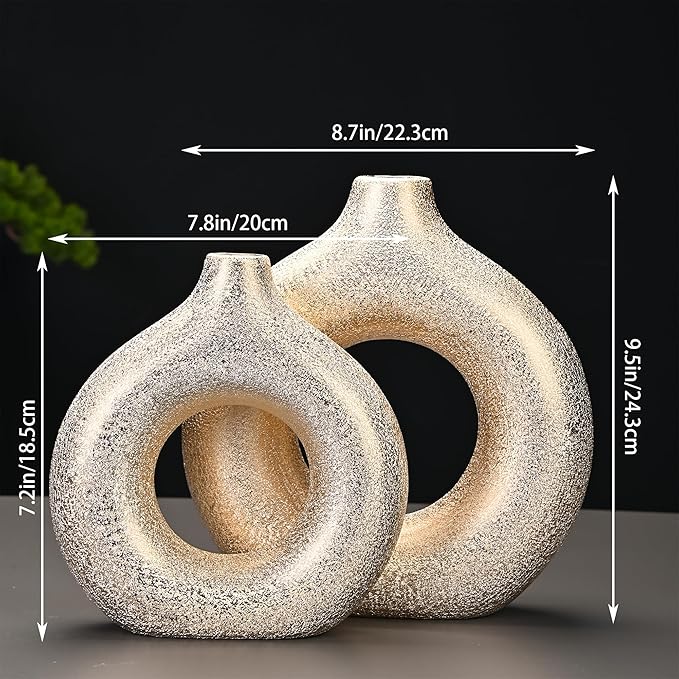 Set of 2 Donut Hollow Ceramic Vase Handmade Minimalist Boho ins Style, Modern Vase for Home Decor for Wedding Dinner Table Party Living Room Office Bedroom (Gold, Extra Large + Large)