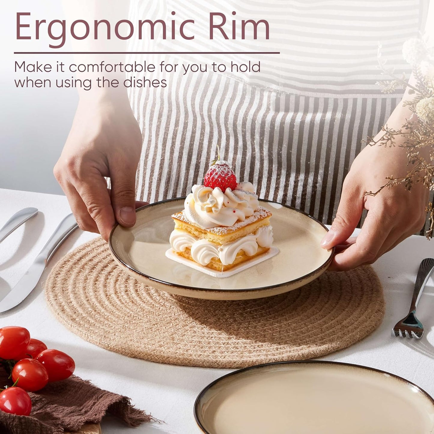 Herogo Ceramic 7.9 Inch Dinner Dessert Plates Set of 4, Small Stoneware Dinnerware Plate Set, Double Reactive Glaze Large Dinnerware Plates for Kitchen, Microwave, Oven & Dishwasher Safe, Cream Khaki