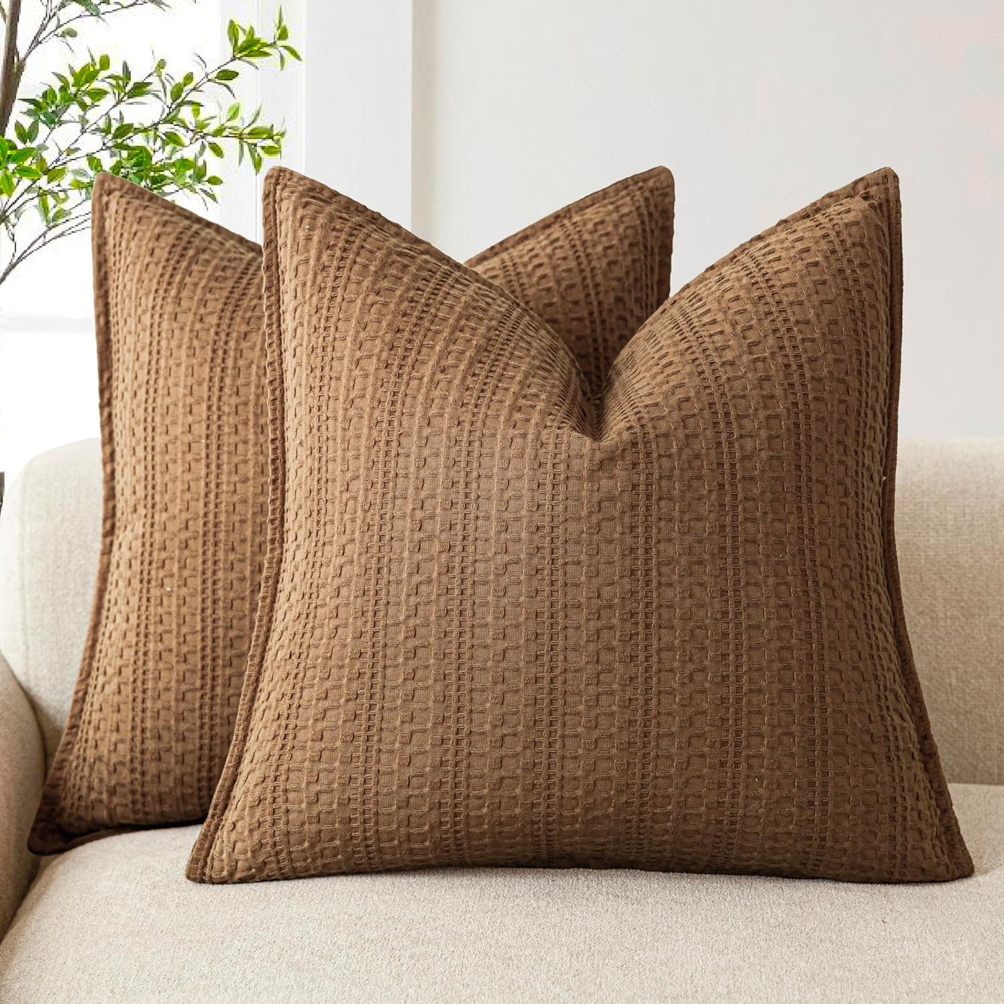 Foindtower Set of 2 Decorative Cotton Waffle Weave Throw Pillow Covers Euro Shams Cushion Covers Accent European Pillowcase for Bed Couch Sofa Bedroom Living Room Home Decor 24×24 Inch Orange Brown