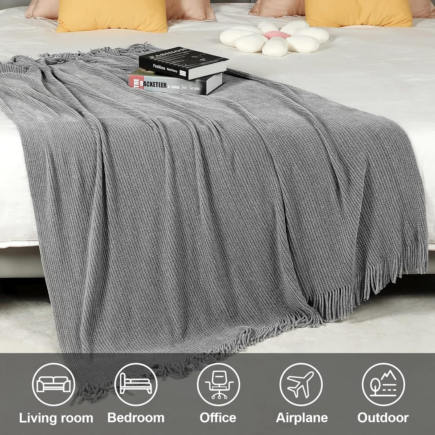 Blagic Grey Throw Blanket for Couch Soft Farmhouse Chenille Boho Throw Blanket with Tassels Home Decorative Lightweight Throw Blankets, Throws for Bed/Chair/Sofa, Stripe Textured (Light Grey,50"x60")