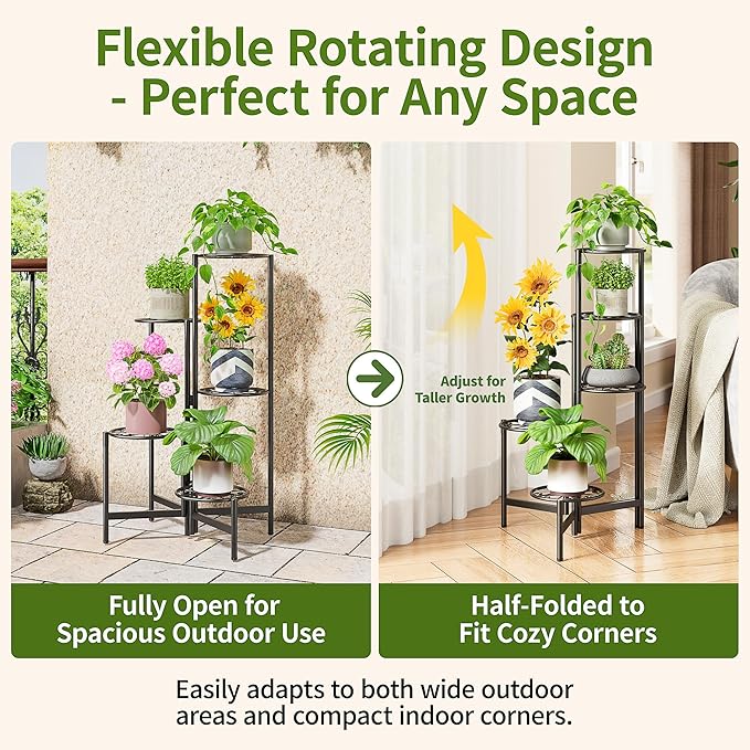 Plant Stand Indoor Outdoor, 5 Tier Corner Metal Flower Display Holder Stand, Folding Tall Plant Rack for Patio Balcony Porch Garden Living Room House, Heavy Duty Wrought Iron Plant Shelf - BlackS