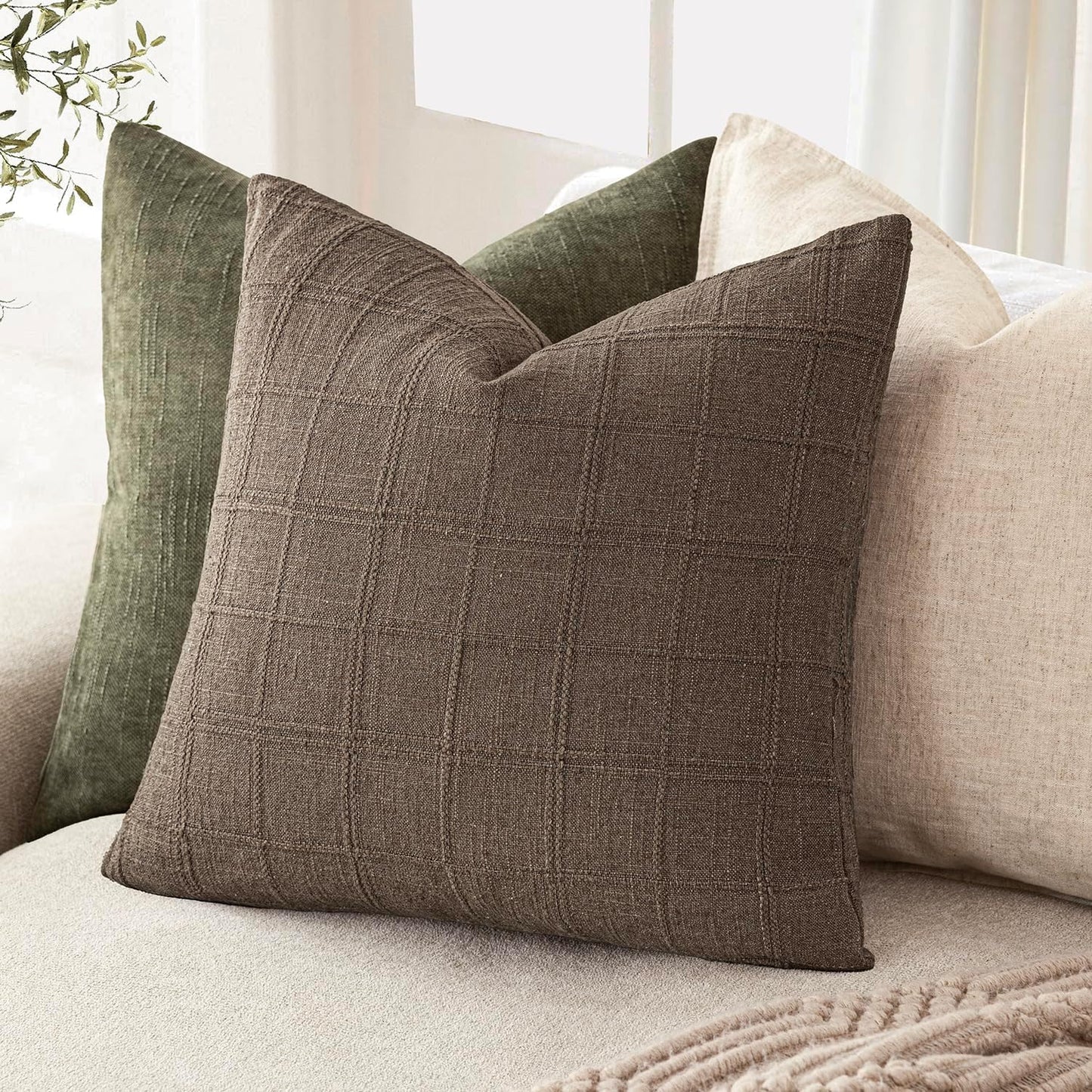 Foindtower Set of 2 Decorative Linen Check Throw Pillow Covers Neutral Farmhouse Vintage Cushion Covers Modern Boho Home Decor for Sofa Chair Couch Bedroom Living Room,16×16 Inch,Taupe Grey