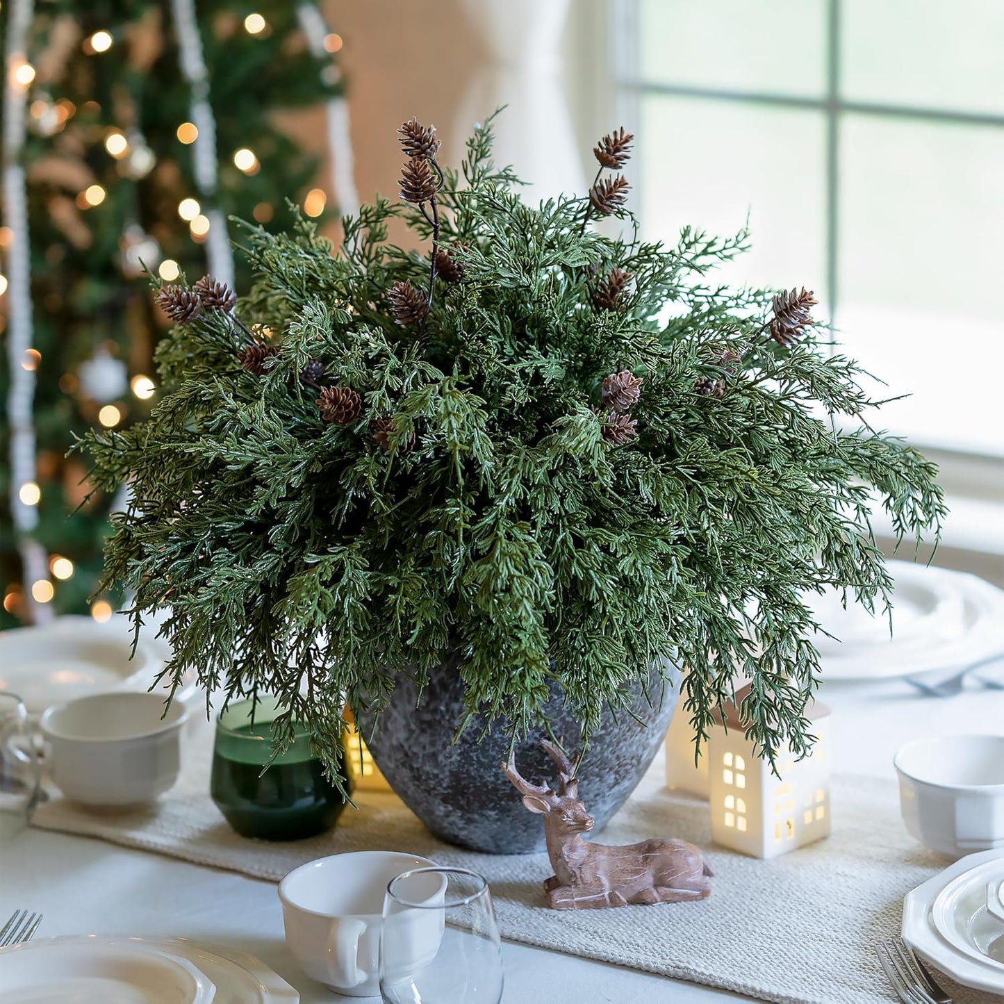 Faux Cedar Stems Artificial Norfolk Pine Branches for Christmas Decor, 12 PCS Fake Pine Stems with 2 PCS Pine Cones Branches Real Touch Realistic Faux Greenery for Vases DIY Garland Xmas Table Indoor