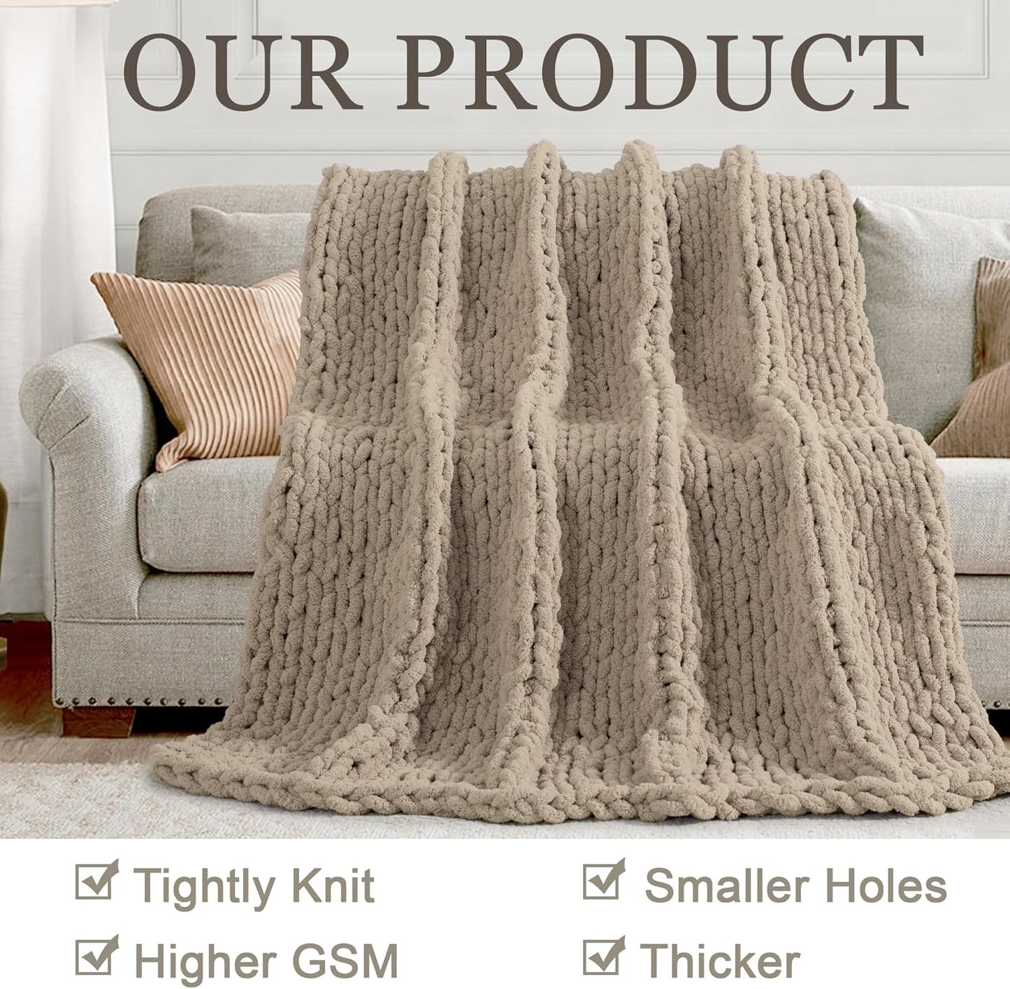 Chunky Knit Throw Blanket 60"X 80", 100% Handmade with Soft Chenille Yarn, 6.7lbs Thick Cable Knitted Blankets, Large Rope Knot Crochet Throws for Couch Sofa Bed Home Decor, Taupe