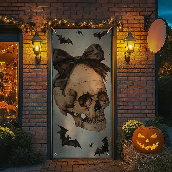 Vintage Halloween Skull Door Cover, Coquette Bow Skeleton Bats Decoration Doorway Door Curtains Banners Backdrop Background Decor for Halloween Party, Indoor Outdoor Decorations, 35 * 79 Inch