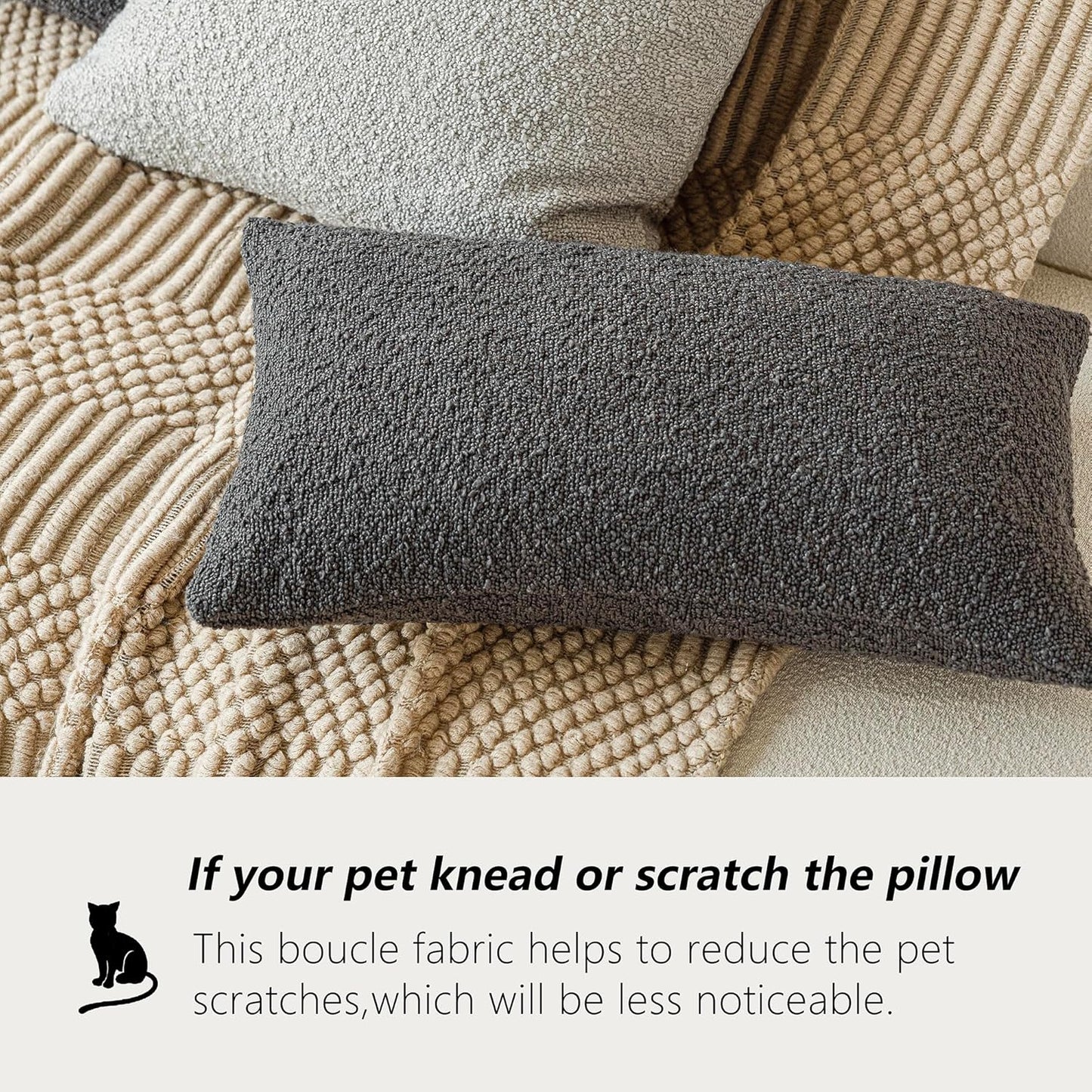 Foindtower Textured Boucle Throw Pillow Covers Accent Solid Lumbar Pillow Cases Cozy Soft Decorative Couch Cushion Case for Chair Sofa Bedroom Living Room Home Decor, 12 x 20 Inch,Dark Grey