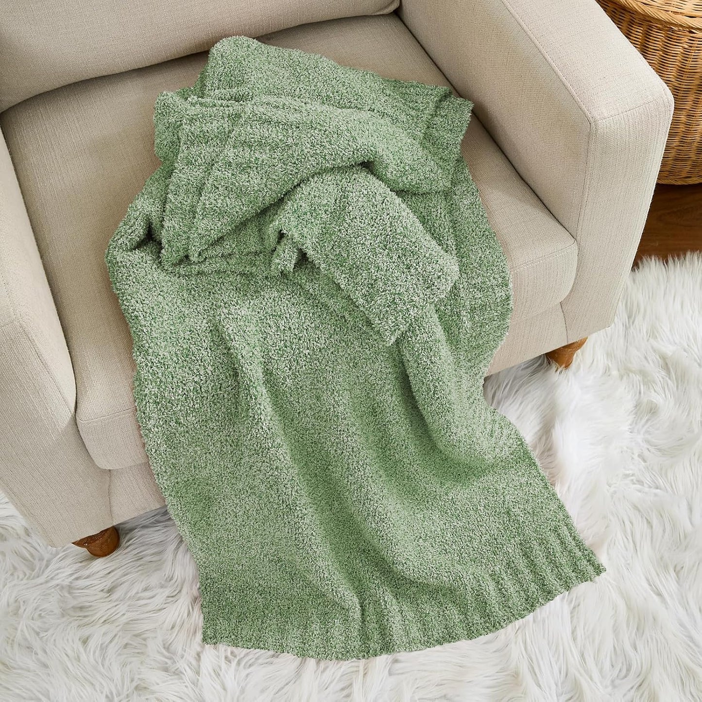 Green Knit Throw Blanket for Couch, Super Soft Plush Feather Yarn, Warm Cozy Lightweight Decorative Knitted Blanket for Sofa, Bed, Picnic & Travel, 50x60 Inches