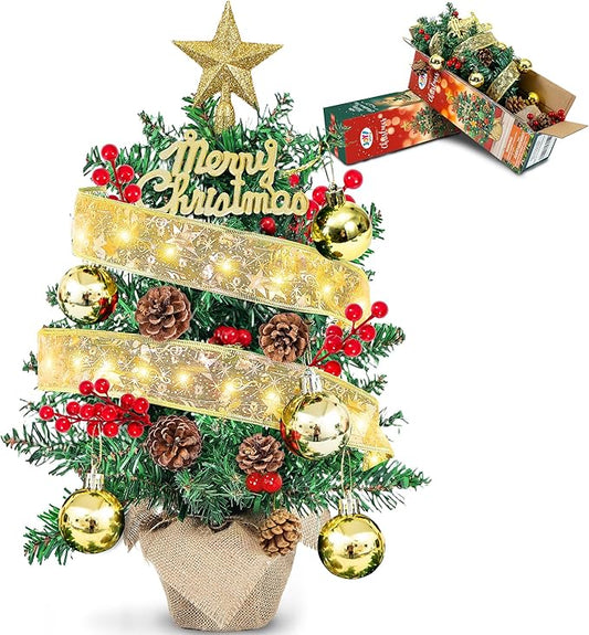 2FT Tabletop Mini Christmas Tree, 24 Inch Small Artificial Christmas Tree with Silk Ribbon Light, Star Treetop, DIY Ornaments, New Xmas Pine Tree Decoration for Kid Friend Family Holiday Home Office