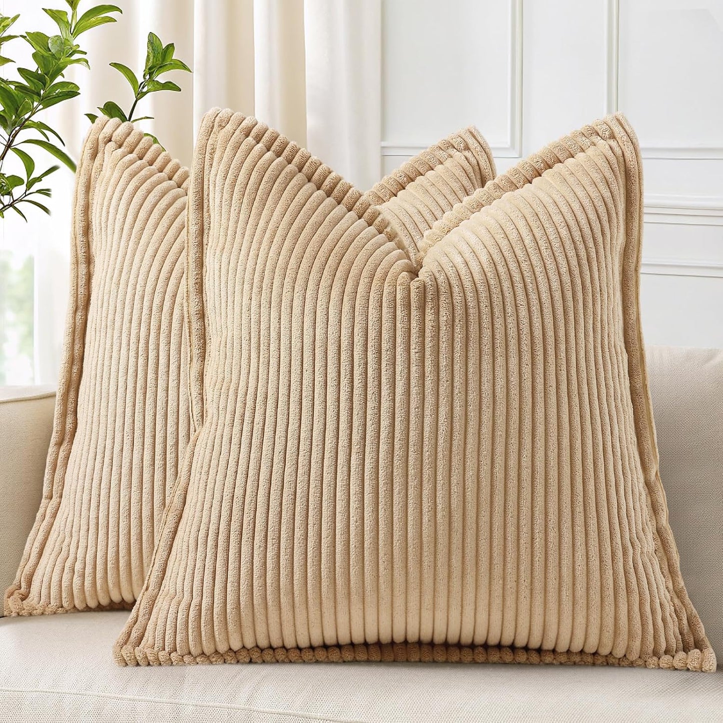decorUhome Corduroy Light Brown Throw Pillow Covers 18x18 Set of 2 Decorative Soft Boho Farmhouse Euro Couch Pillow Covers for Living Room Bed Sofa Broadside Striped Pillow Cases