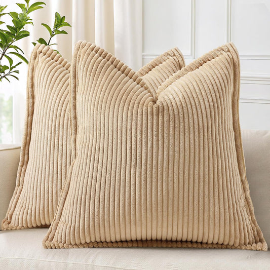 decorUhome Corduroy Light Brown Throw Pillow Covers 18x18 Set of 2 Decorative Soft Boho Farmhouse Euro Couch Pillow Covers for Living Room Bed Sofa Broadside Striped Pillow Cases