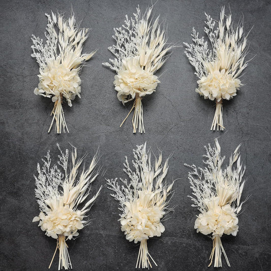 Mini Dried Flower Bouquet (Pack of 6), Handmade Craft Decoration, White Dried Flower Bouquet, Groom and Best Man Corsages. (White)