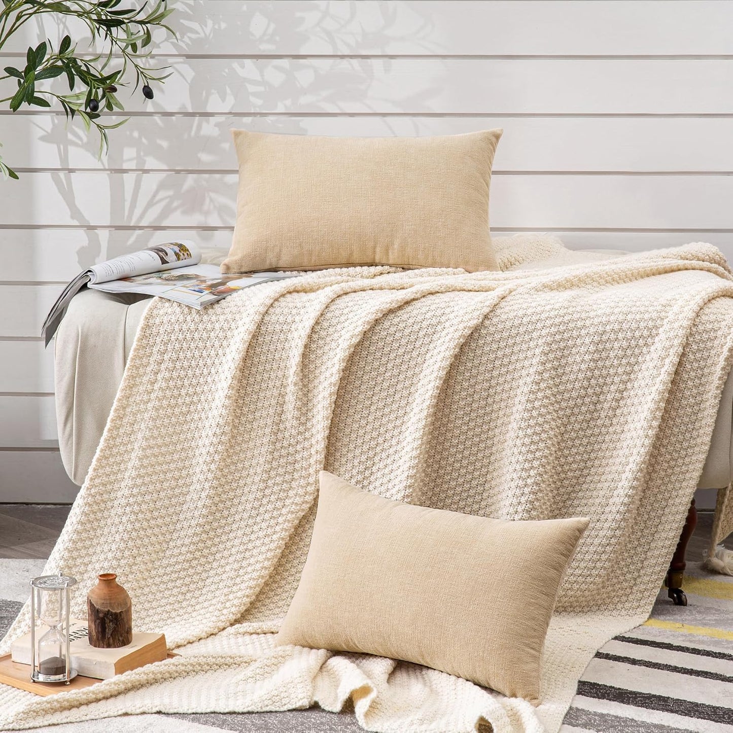 GAWAMAY Decorative Rectangle Throw Pillow Covers 12"x20" Inch Set of 2, Soft Chenille Fall Lumbar Support Pillow Cases for Living Room Bedroom Sofa Couch Cushion Cover Beige 30x50cm (No Inserts)