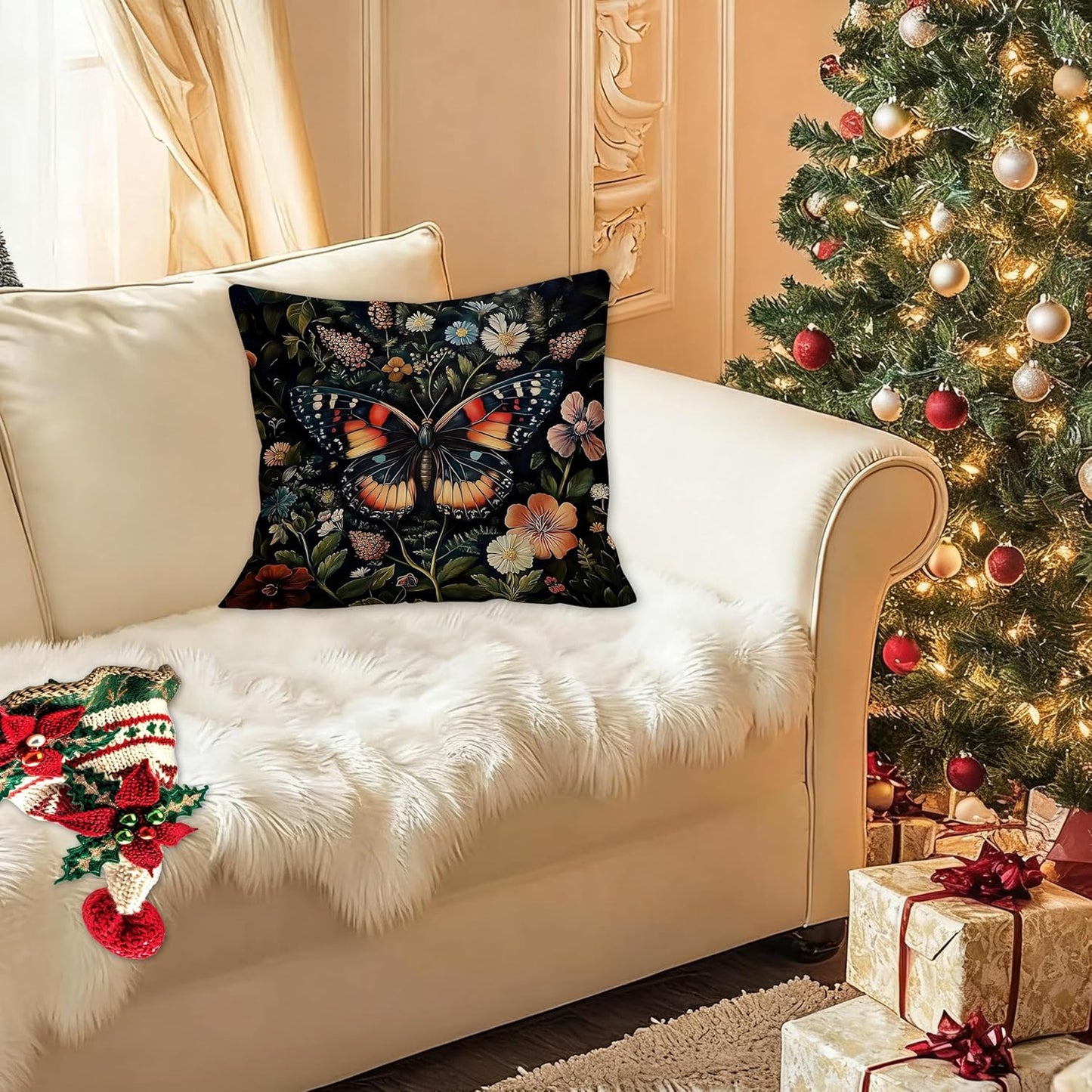 Gorgeous Butterfly Floral Pillow Covers 18x18, Dark Cottagecore Wildflower Botanical Moth Decorative Throw Pillow Covers for Bedroom Living Room Home, Butterfly Room Decor