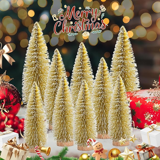 12 Pcs Mini Christmas Tree, Tabletop Christmas Tree with Wooden Bases Artificial Mini Tree with 3 Sizes Christmas Table Decor Bottle Brush Trees for Christmas Decorations (Yellow)