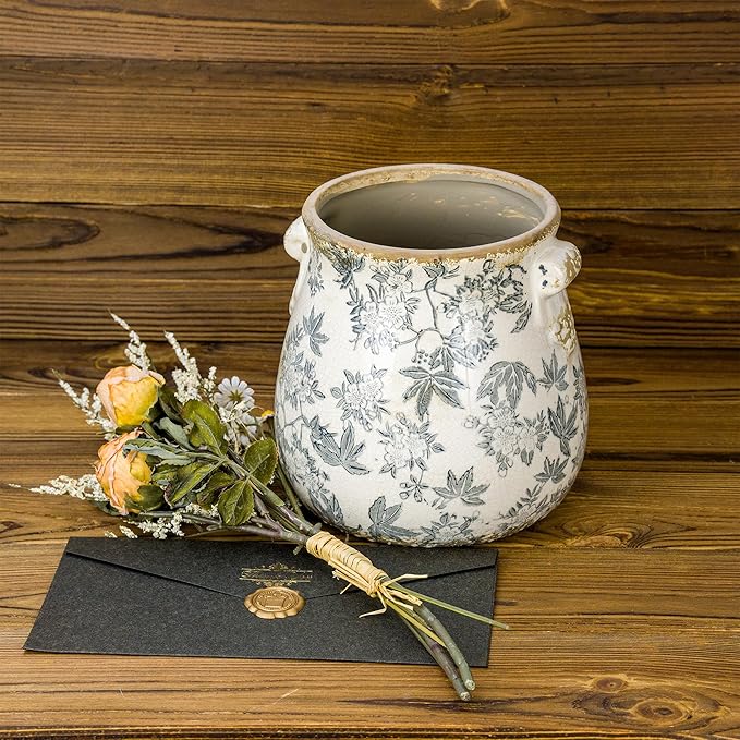 Vintage Grey Ceramic Ice Crack Glaze Flower Pot with Drainage Holes and With Handle, Country Rustic Planters for Indoor and Outdoor,Tuscan Decor,Home,Living Room, Garden Decor, Gardening Gift (Grey)