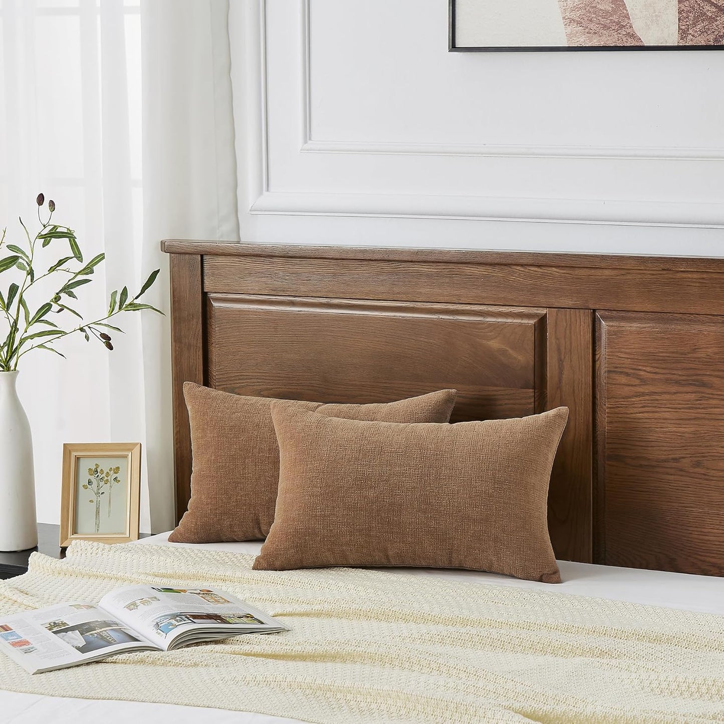 GAWAMAY Lumbar Decorative Throw Pillow Covers 12"x20" Inch Set of 2, Super Soft Chenille Rectangle Pillowcase for Living Room Bedroom Sofa Couch Cushion Support Pillow Cover 30x50cm Brown (No Insert)