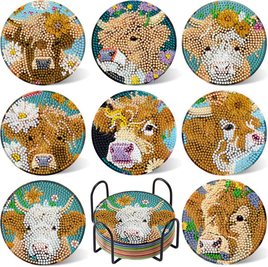 Leatrice 8PCS Highland Cattle Diamond Art Coasters Small Diamond Painting Kits for Adults Beginners Women Gem Art Coasters with Holder Funny DIY Crafts for Home Decor