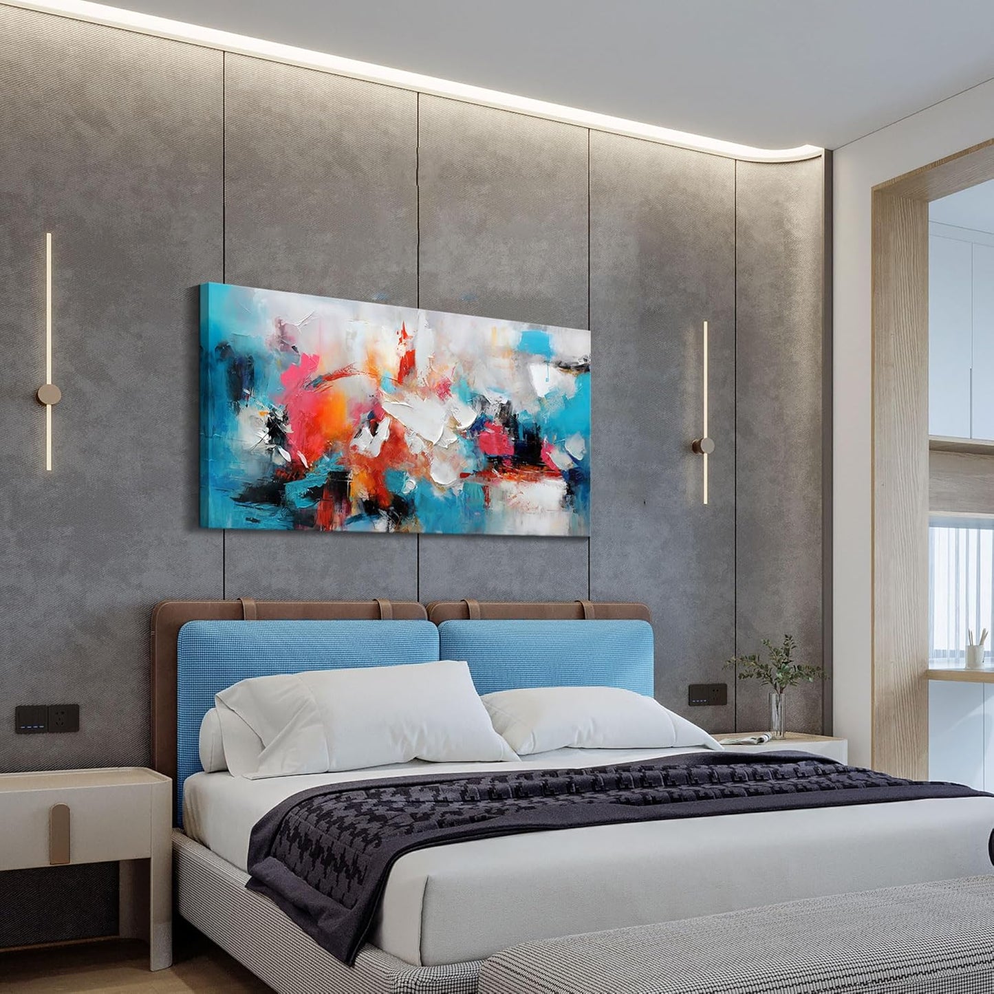 Large bstract Wall Art Canvas Wall Art for Living Room Hand-Painted Art in Blue and Pink Office Wall Decor Paintings for Wall Decorations Modern Wall Decor for Bedrooms and dining Room 29×58in